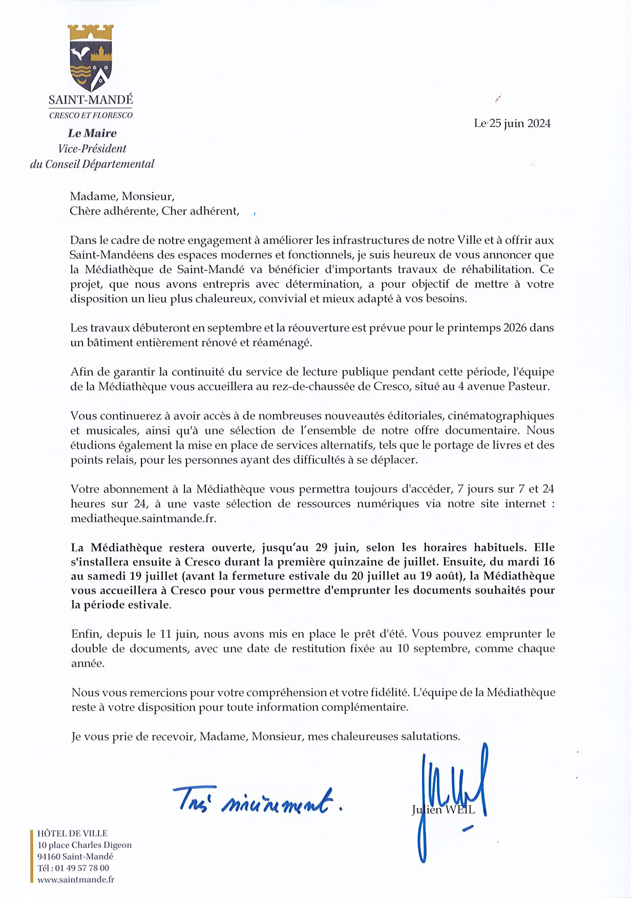 LETTRE AUX ADHERENTS MEDIATHEQUE